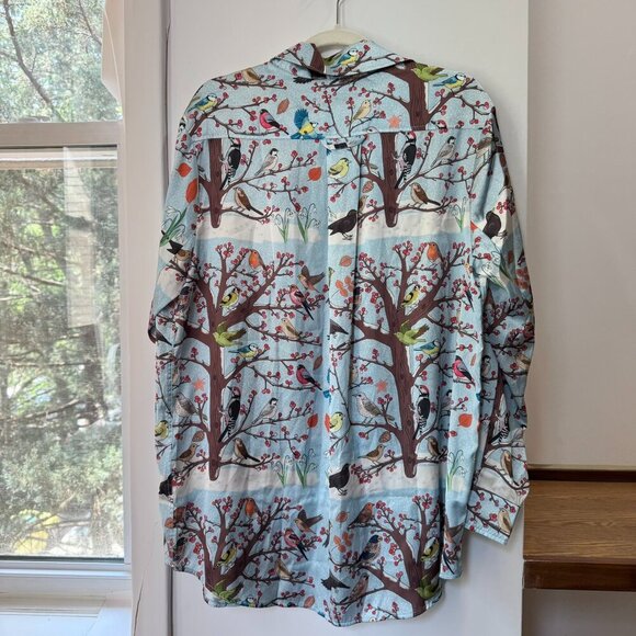 NWT Karen Mabon Winter Birds Satin Pajama Set Button Down Top + Pants Large - Picture 7 of 14